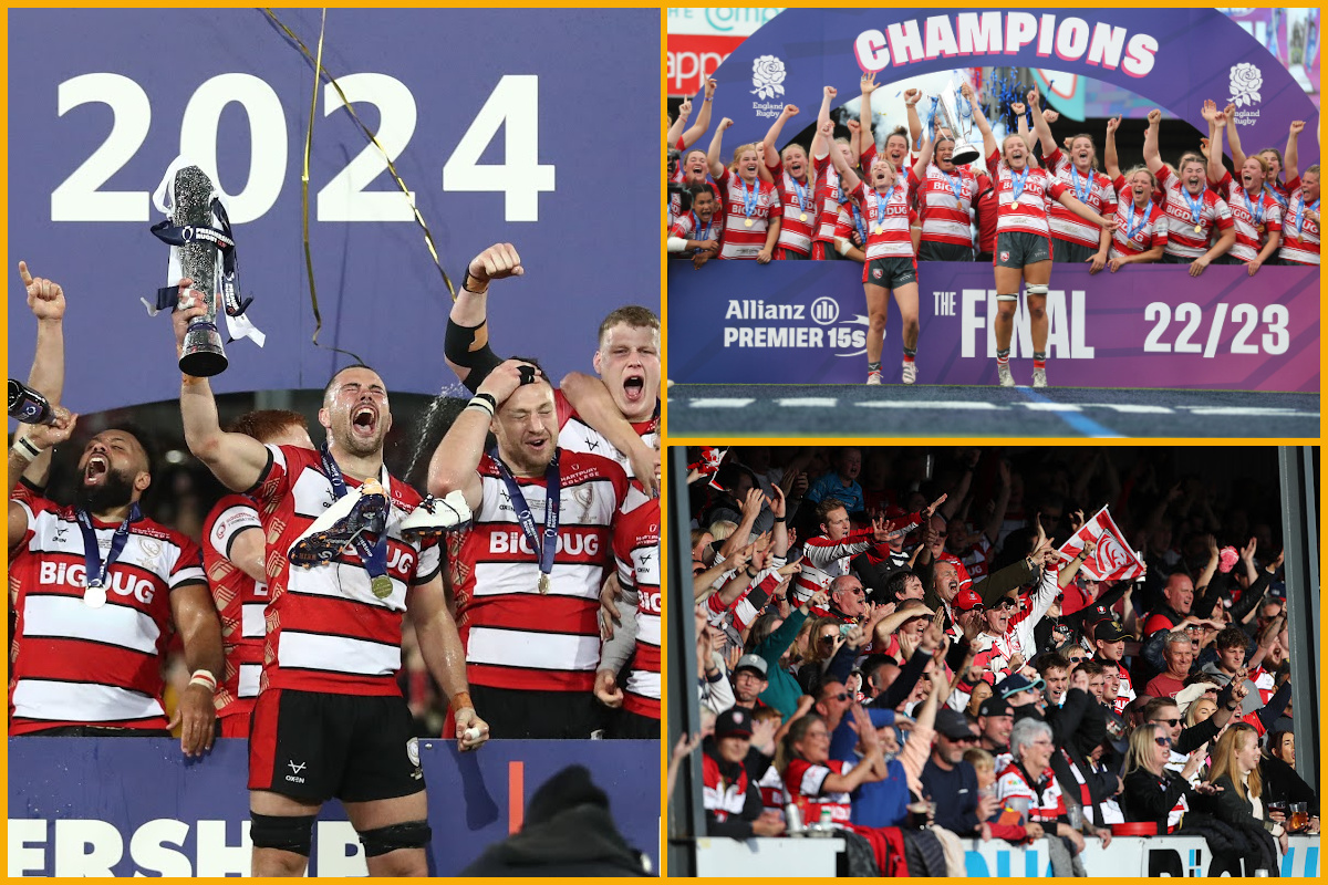 A collage of images of Premiership Cup winners, Gloucester-Hartpury PWR Champions, crowds at Gloucester Rugby.